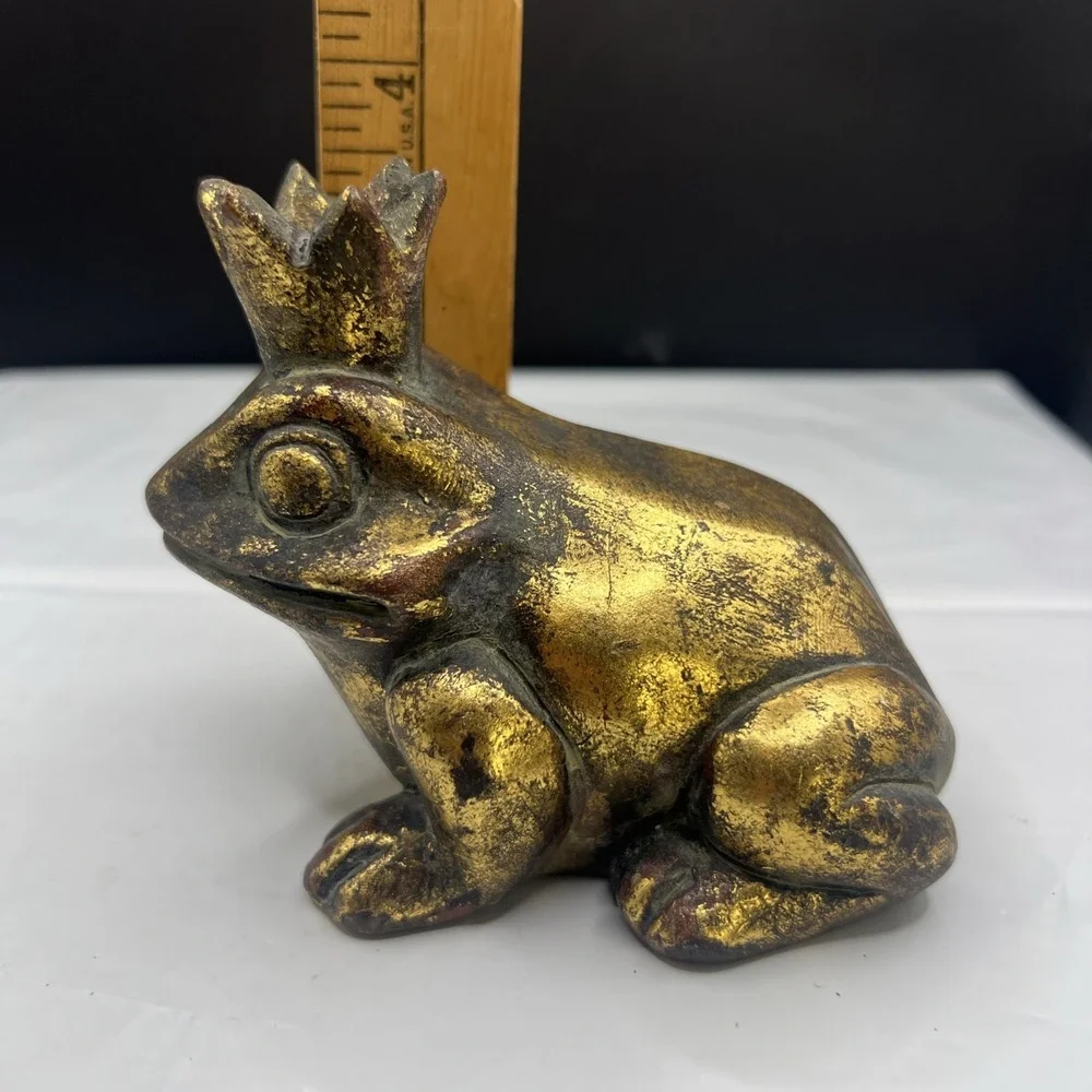 Resin Frog Prince Statue Crown Figurine Gold Finish Verdigris Patina Garden Deco